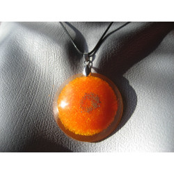 PENDANT large cabochon, silver microbeads, on an orange resin background