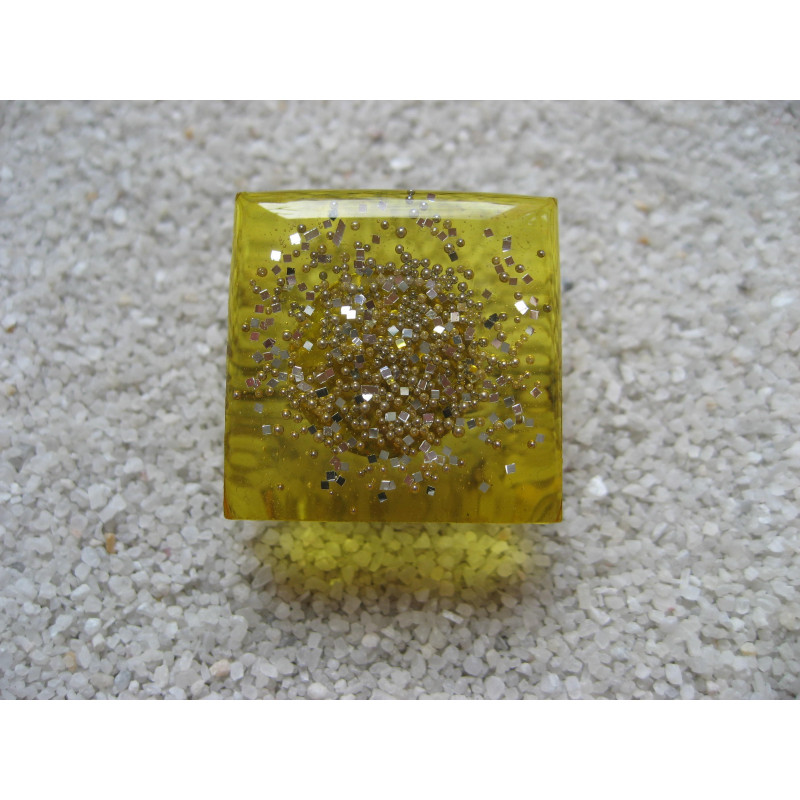 Square ring, micro silver beads, on yellow resin