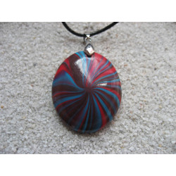 Oval pendant, turquoise / brown / red spiral, in Fimo