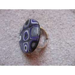 Adjustable ring, black and purple mosaic cabochon fimo