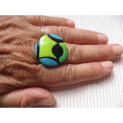 Adjustable RING, green and blue cabochon in Fimo