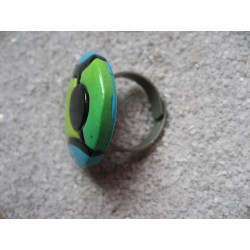Adjustable RING, green and blue cabochon in Fimo