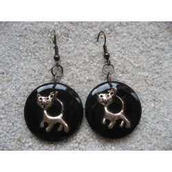 Earrings, silver cat, on black resin