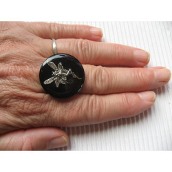 Fancy ring, silver winged fairy, on black resin
