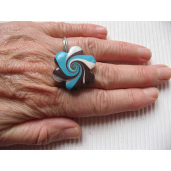 Flower ring, turquoise and brown spiral, in fimo