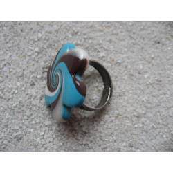 Flower ring, turquoise and brown spiral, in fimo