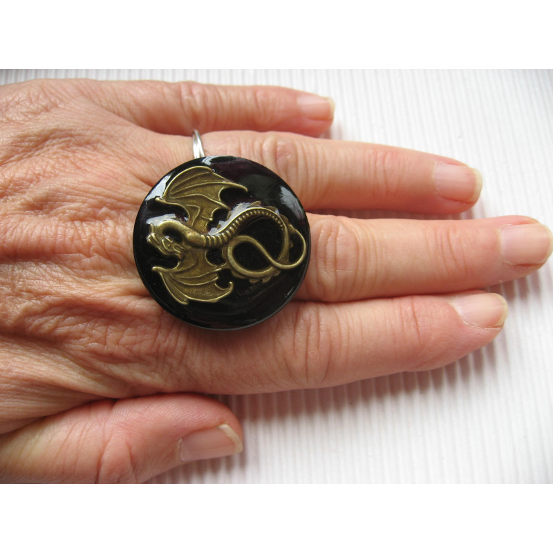 Large Steampunk ring, Bronze Dragon, on black resin