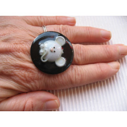 Large kawaii ring, cartoon mouse, on black resin