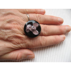 Kawaii ring, cartoon mouse, on black resin
