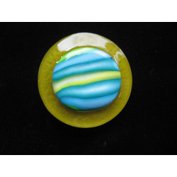 Large ring, green and blue fimo cabochon, on a yellow resin background