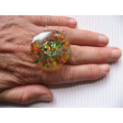 Large multicolored seed beads ring in resin