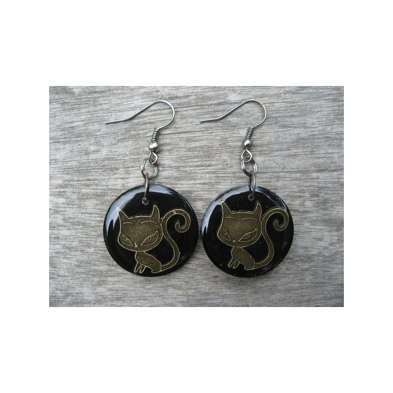 Earrings, bronze kitten, on black resin