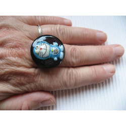 Kawaii ring, blue cat, on black resin