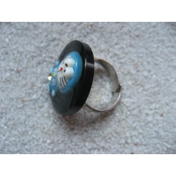 Kawaii ring, blue cat, on black resin